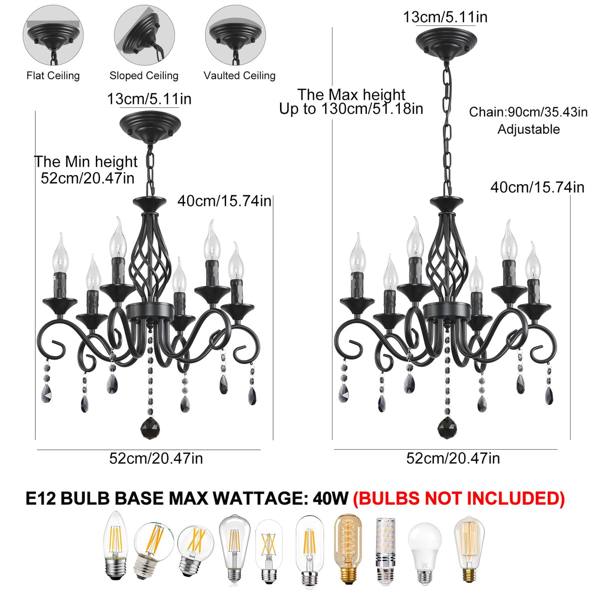 6 Light Black Crystal Chandelier (Black/6 Lights/Crystal)