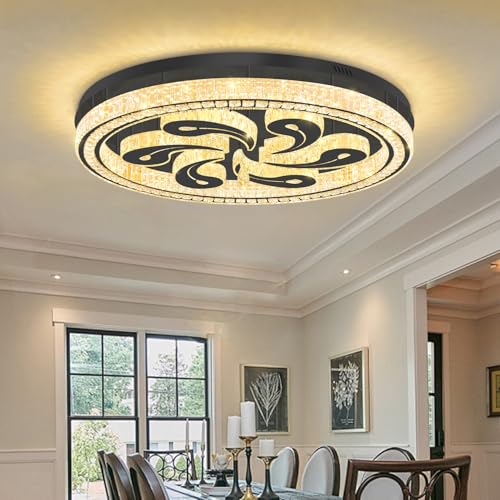 Modern Crystal Chandeliers for Dining Room Flush Mount Ceiling Chandelier for Living Room Dining Room Ring LED Crystal Ceiling Light (40in Black)