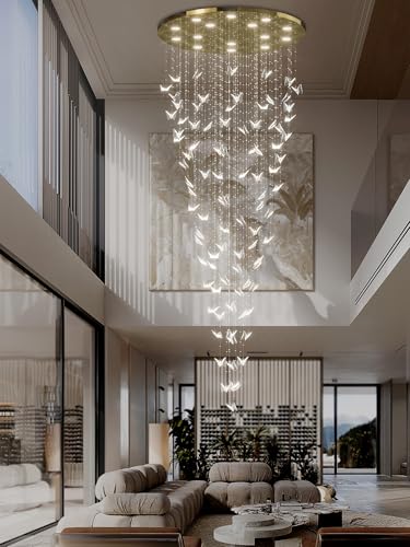 Crystal Butterfly Chandelier High Ceiling Chandeliers for Staircaes Large Raindrop Chandeliers LED Dimmable Big Chandelier for Foyer Hallway Entryway Gold (Gold / Dia 40")