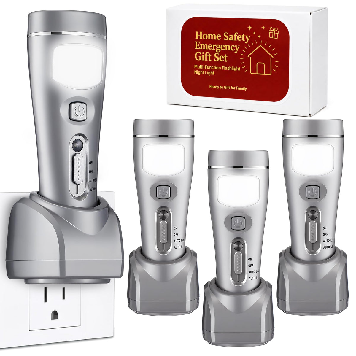 4 Pack Rechargeable Emergency Light with Auto On Power Outage (Silver)