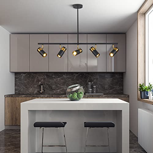 5 Light Ceiling Track Lighting Adjustable LED Track Lighting Kit Gold and Black Industrial Ceiling Spot Lighting for Kitchen Farmhouse Accent Lighting… (Black-Pendant)