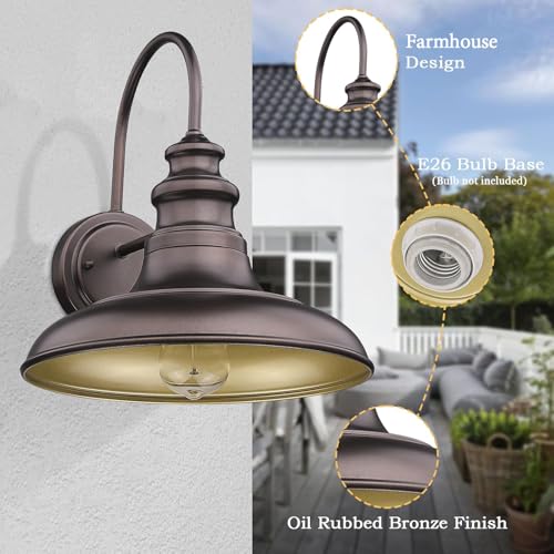 Outdoor Barn Light Fixture Farmhouse Wall Mount Light Wall Sconce Exterior Wall Lighting Fixture Industrial Bronze Finish Lantern for Porch with Gold Interior (Oil-Rubbed Bronze / 12-RZ004-2PACK(Not Dusk to Dawn))