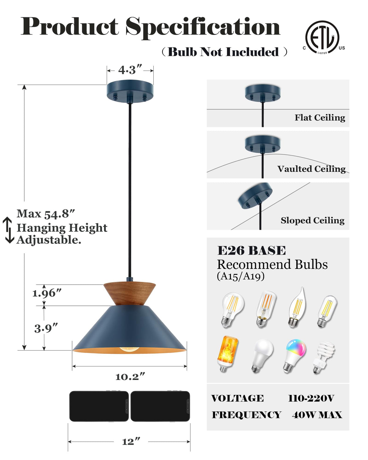 10 Inch Modern Pendant Light Fixture Farmhouse Solid Wood Hanging Lamp with Navy Blue Metal Shade & Gold Inner Finish Adjustable Pendant Light for Kitchen Island Dining Room Bedroom Modern Blue (Blue)