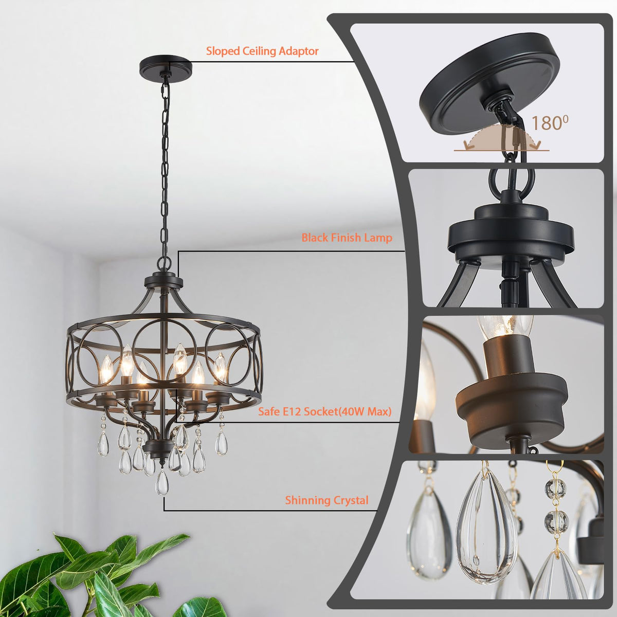 Modern Black Chandelier 17.7" Metal Crystal Pendant Lighting Fixture Hanging 6