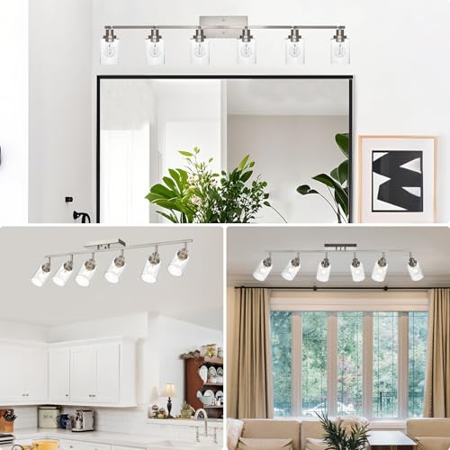 6 Light Brushed Nickel Kitchen Track Lighting Fixtures Ceiling Mount Track Lighting Kit with Bubble Seeded Glass Shade Modern Bathroom Tracking Vanity Lights Ceiling Tracking Accent Shop Light (Brushed Nickel / 6-Light)