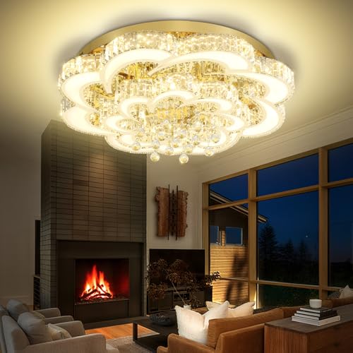 Dia 40'' Modern Crystal Chandelier Flush Mount Crystal Ceiling Light Fixture Dimmable LED Large Ceiling Chandelier for Living Room Dinning Room Bedroom (Gold / Dia 40")