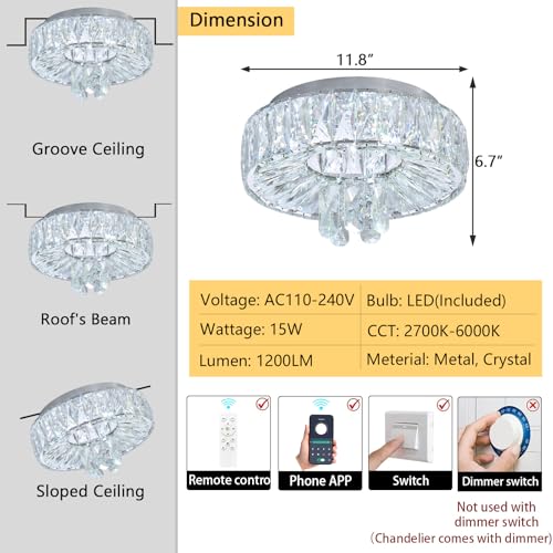 Mini Chandelier Modern Crystal Chandeliers for Hallway Light Fixture LED Flush Mount Ceiling Light Dimmable Lamp for Dining Room Living Room Bedroom (Silver / 11.8" Width)