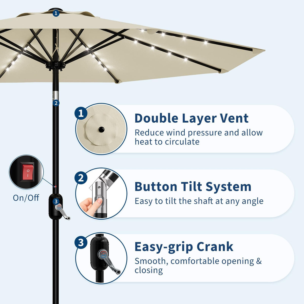 9FT Solar LED Patio Umbrella with Tilt & Crank (Beige / 9FT)