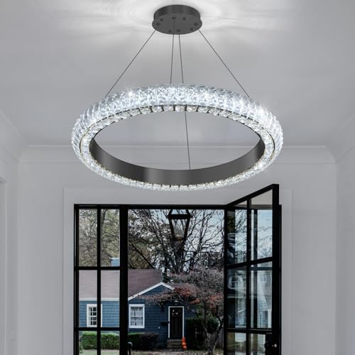 24" Ring Modern LED Dimmable Crystal Chandelier Adjustable Height Pendant Light Round Crystal Chandelier Light Fixtures for Dining Room Living Room Kitchen Island Black (Black / 1 Ring Round 24")