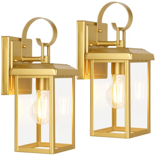 2 Pack Outdoor Wall Light Fixtures (Gold / 12.8")