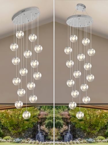 H138 LED Staircase Chandelier 15 (Silver-Clear / Globe 15-Light)