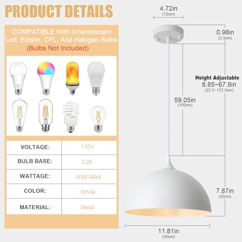 3 Pack White Pendant Lights Kitchen Island 11.8" Modern Dome Pendant Light Fixtures Farmhouse Industrial Vintage Hanging Ceiling Light Fixture for Dining Room Foyer Hallway Bar Cafe Kitchen (White / 11.8 inch (3PCS))