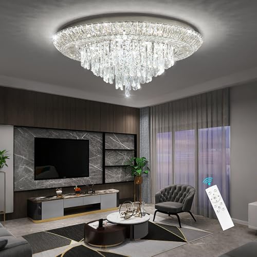 Modern Silver Crystal Chandelier LED Ceiling Light Fixture Raindrop Chandeliers Dimmable Lighting for Living Room Dining Room Entryway Bedroom (Silver / W32")