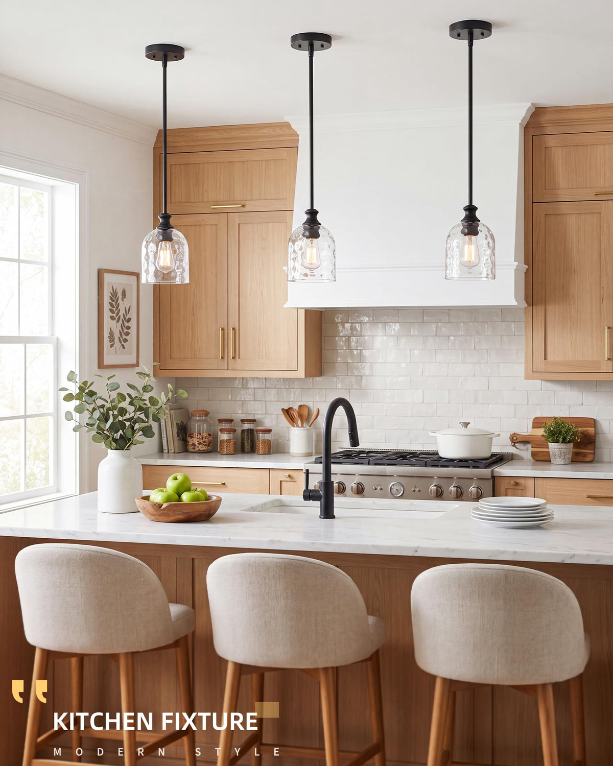 Modern Black Hammered Glass Pendant Lights Kitchen Island (1 Pack-Matte Black+Hammered Glass(Easy to install))