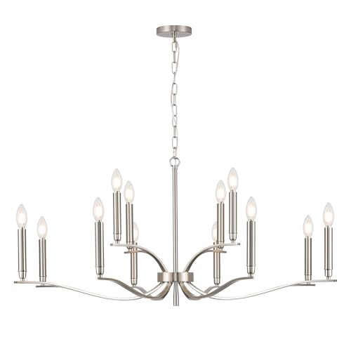12 Light Nickel Living Room Chandelier High Ceiling Foyer Candle Chandelier Large Modern 44in Metal Chandeliers Hanging Light for Master Bedroom Dining Room Light Fixture Over Table (Nickel / 44 inch)