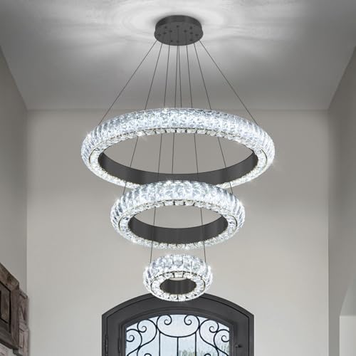 23.6" 3 Ring Crystal Chandelier Modern LED Dimmable Ring Pendant Light Round Chandelier for Dining Room Living Room Black (Black / 3 Ring Round 24")