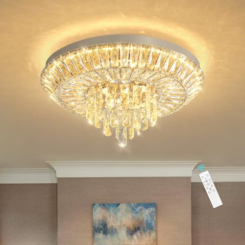 Crystal Chandelier 40W Modern Round Ceiling Light Fixture LED Raindrop Chandeliers Dimmable with Remote for Dining Room Living Room Entryway Hallway Bedroom Silver (Silver / W20")