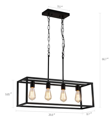 Black Rectangle Island Lighting Rectangular Modern Industrial Chandelier 4 Lights Linear Vintage Cage Light Fixtures for Kitchen Dining Room (4-Lights)