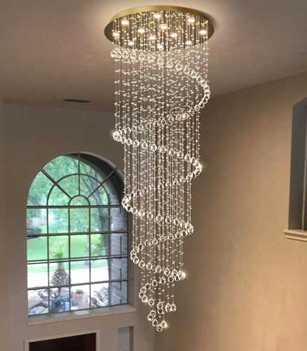 118 Inches Crystal Glam Chandelier Long Light Chandeliers with Dimmable Light Bulbs Gold High Ceiling Pendants Light Fixtures for Foyer Entryway Living Room Stair (Gold / Spiral W32" X H118")
