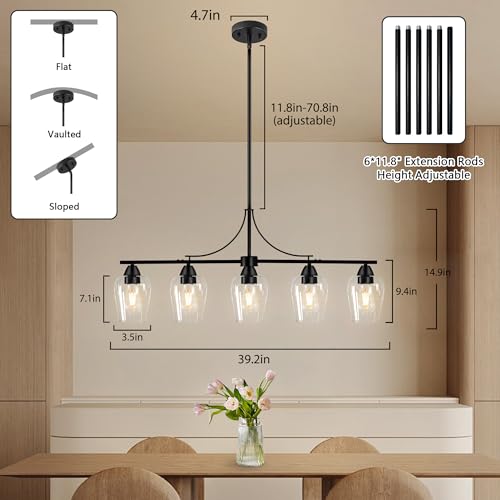 Chandeliers for Dining Room Black Dining Room Light Fixture Height Adjustable Linear Pendant Light with Clear Glass Lampshade