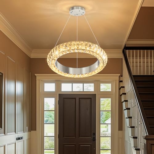 16" Ring Modern LED Dimmable Crystal Chandelier Adjustable Height Pendant Light Round Crystal Chandelier Light Fixtures for Dining Room Living Room Kitchen Island Silver (Silver / 1 Ring Round 16")