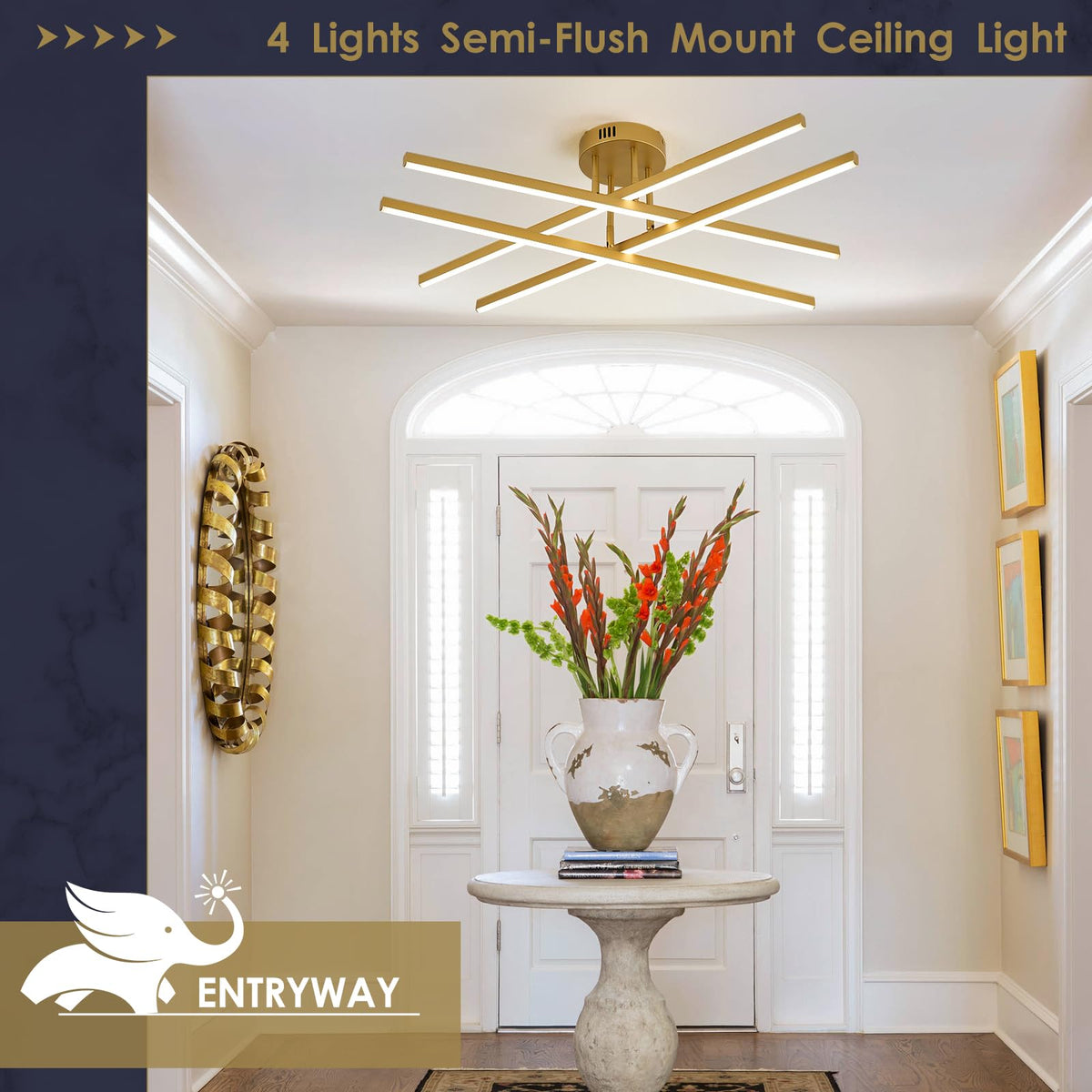 Gold Semi flush Mount Ceiling Light 31.5" LED Chandelier for Living Room (Gold-A / 4 Lights - Remote Control - 31.5")
