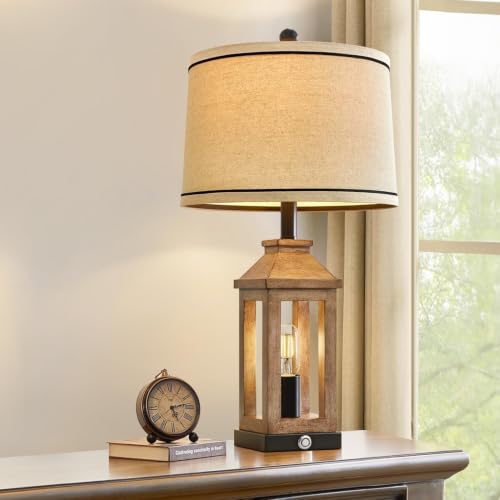 23.75" Farmhouse Table Lamps USB A+C Charging Ports 3 (Wood)