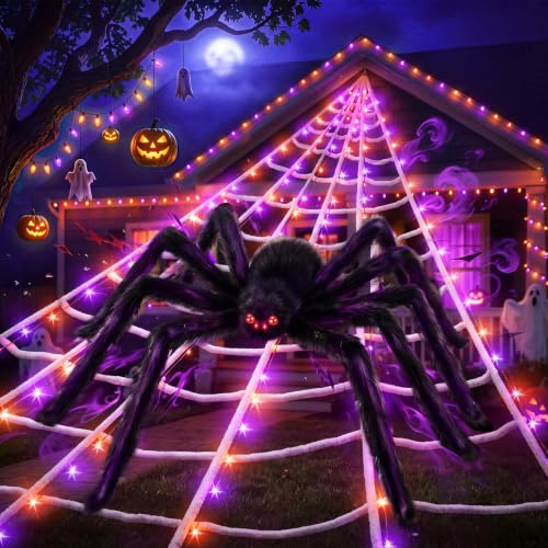 Upgrade Halloween Spider Web Decorations Outdoor + 59" Giant Spider Décor (purple&orange)
