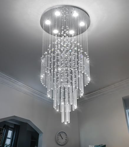 W20 x H40 Crystal Glam Chandelier Long Light Chandeliers with Dimmable Light Bulbs High Ceiling Light Fixtures for Foyer Entryway Living Room Stair Silver (Silver / Round W20" X H40")