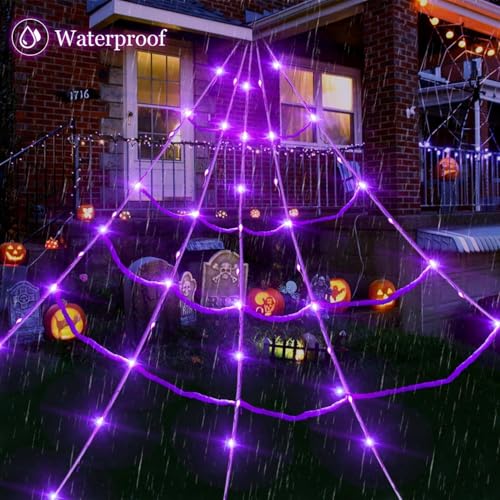 Motion Activated Lighting&Speaking] 20 * 17FT Halloween Spider Web 150 Led Purple Lights Light Up Lighted Triangular Giant Waterproof with 200sqft Cobweb for Outdoor Decor Yard Decoration
