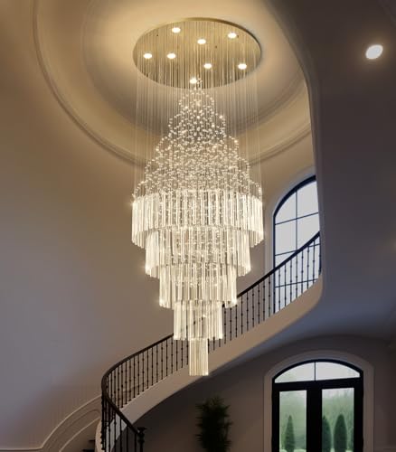 W24 x H78 Crystal Glam Chandelier Long Light Chandeliers with Dimmable Light Bulbs High Ceiling Light Fixtures for Foyer Entryway Living Room Stair Gold (Gold / Round W24" X H78")