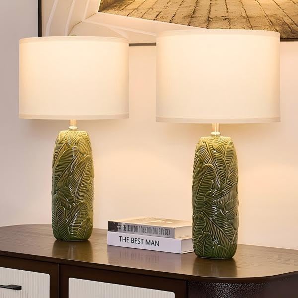 25" Green Ceramic Table Lamps for Living Room Set of 2 with Leaves Design (Green-L)