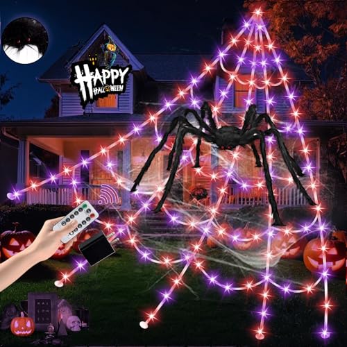 Halloween Spider Web Lights 550 LED Lighted Spider Web 16.4Ft Giant Halloween Decorations Light up with 8 Lighting Modes Waterproof & Timer for Indoor Outdoor House Haunted Yard Decor (Art Deco)