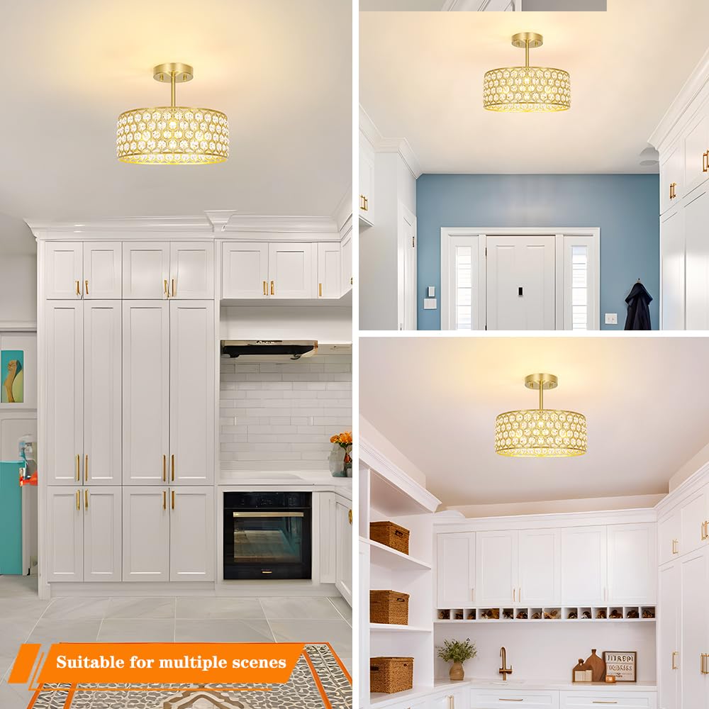 Gold Crystal Ceiling Light Fixture (12in - 3 light - B / Gold)