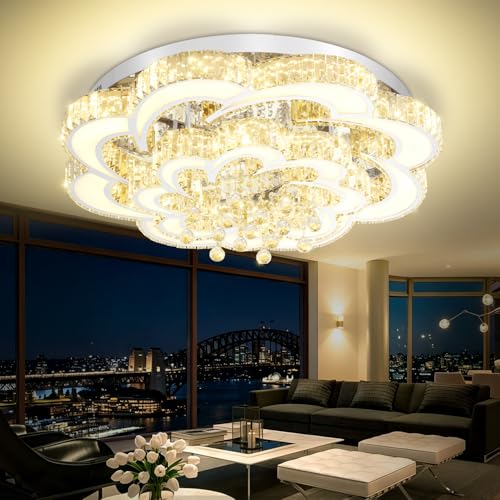40inch Chrome Crystal Chanderliers for Living Room Modern Ceiling Chandelier for Dining Room LED Dimmable Lighting 2700k 4500k 6000k (Silver / Dia 40")