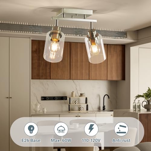2 Light Brushed Nickel Bathroom Vanity Track Light Fixtures Ceiling Mount Kitchen Track Lighting Kit with Clear Glass Shade (Brushed Nickel / 2-Light)