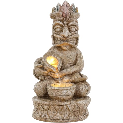 23" H Tiki Statue Outdoor Water Fountain with LED Lights (Tiki Natural Wood Color)