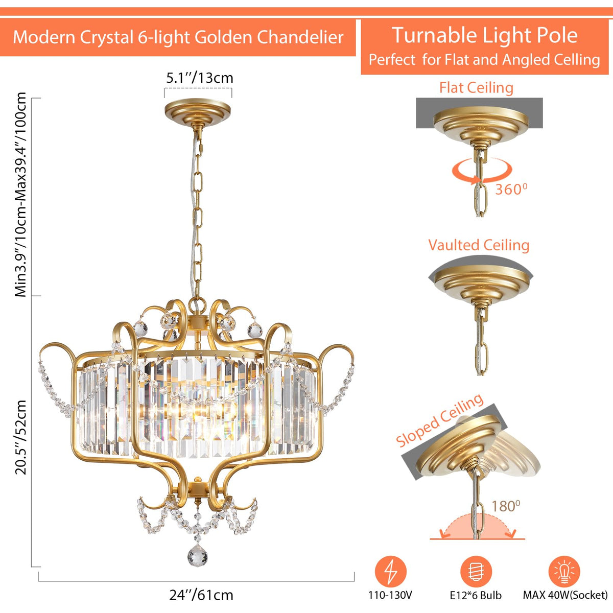 Modern Crystal Chandelier for Dining Room 24" Large Gold 6