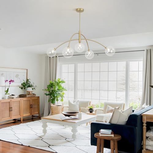 5 Light Modern Brass Chandelier Fixture White Clear Globe Glass Shade Pendant Light Gold Kitchen Ceiling Large Chandelier for Dining Room Kitchen Bedroom (Gold-Clear)