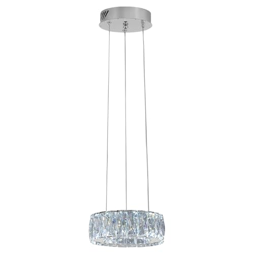Modern LED Dimmable Crystal Chandelier 8" Ring Silver Pendant Light Fixtures for Kitchen Island Dining Room Living Room (Silver 1 Ring 8")