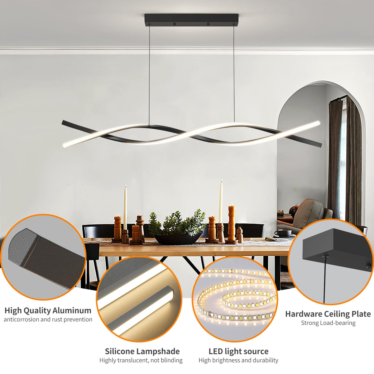 Modern LED Ceiling Pendant Light (C-Black / 47in)
