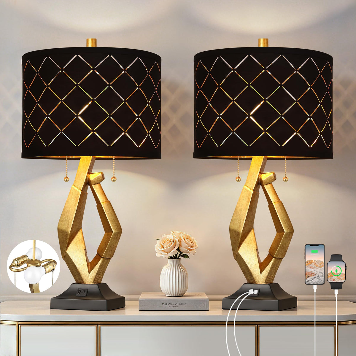 Modern Black and Gold Table Lamps Set of 2 with Dual Pull Chains Switch (Gold 1- Black Grid Shade)