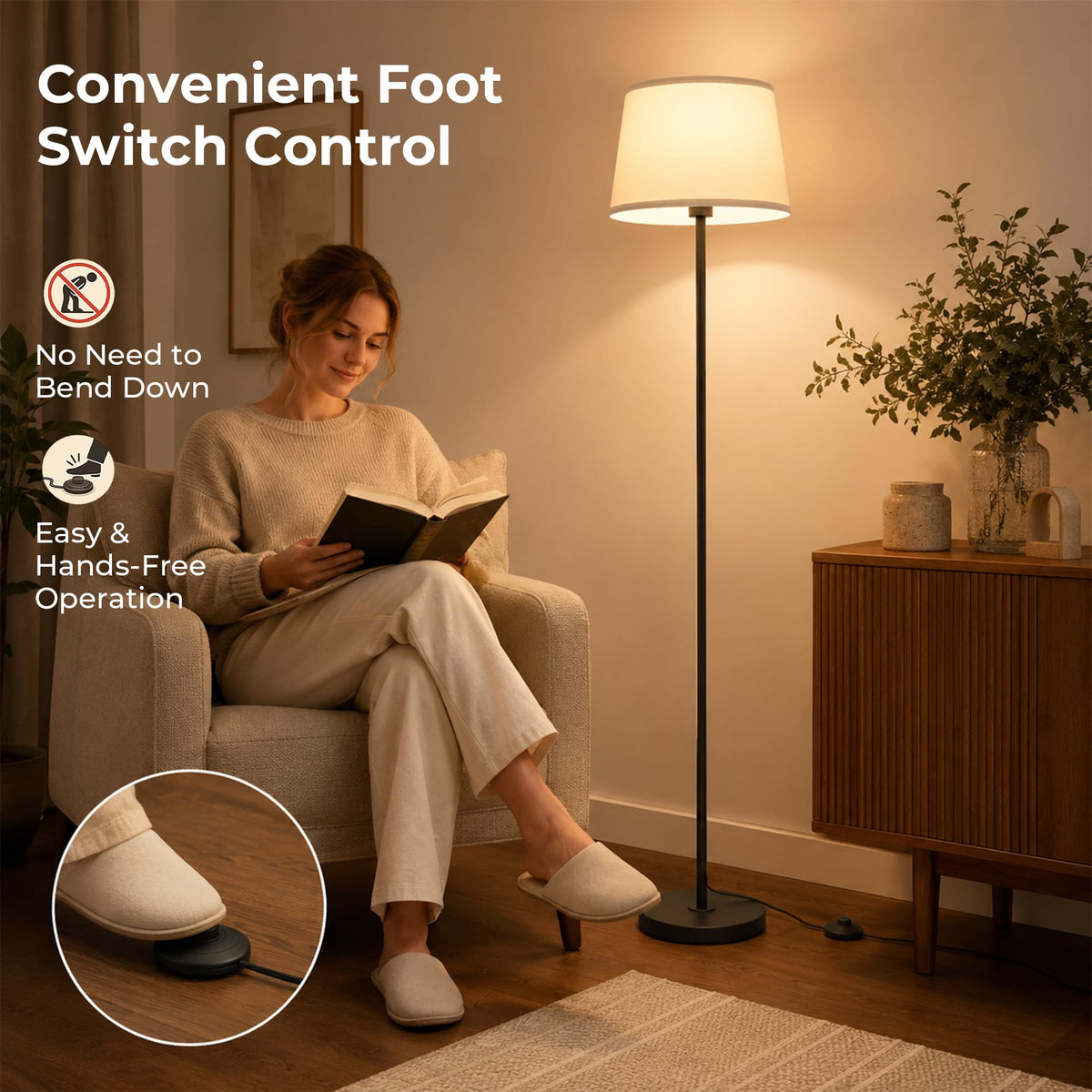 61.8" Floor Lamp for Living Room (Black+White Shade)