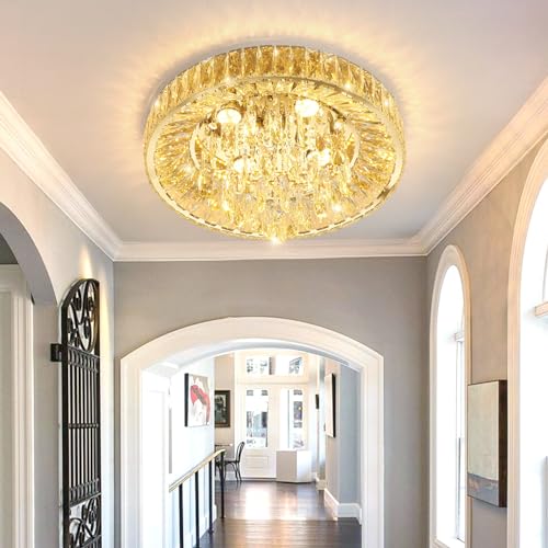 Modern Crystal Chandeliers for Dining Room LED Light Fixture Close to Ceiling Chandelier Flush Mount Ceiling Light Dimmable Lamp with Remote for Living Room Bedroom Hallway (Gold / 19.7" Width)