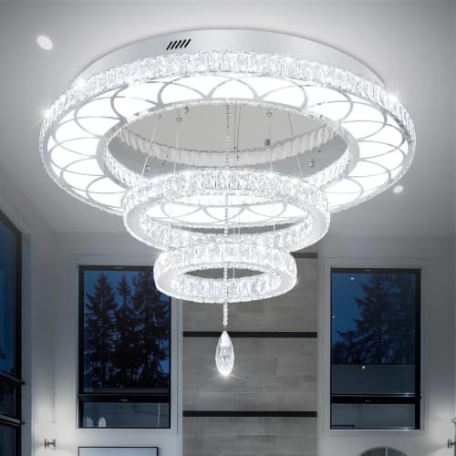Dia 32" Modern Crystal Chandelier Crystal Silver Ceiling Light Fixtures LED Flush Mount Ceiling Light for Living Room Bedrooms Dining Room Dimmable 2700k 4500k 6000k (Silver / W:32inches)