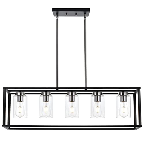 Modern Chandeliers Brushed Nickel and Black 5 Light Rectangle Dining Room Lighting Fixtures Hanging with Clear Glass Shade (Black and Brushed Nickel / 5 Light)