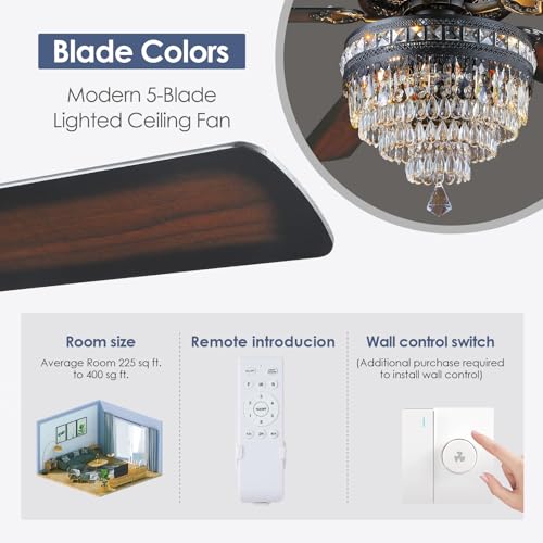 62" Black Crystal Chandelier Ceiling Fans with Lights and Remote Control (Black-62IN)
