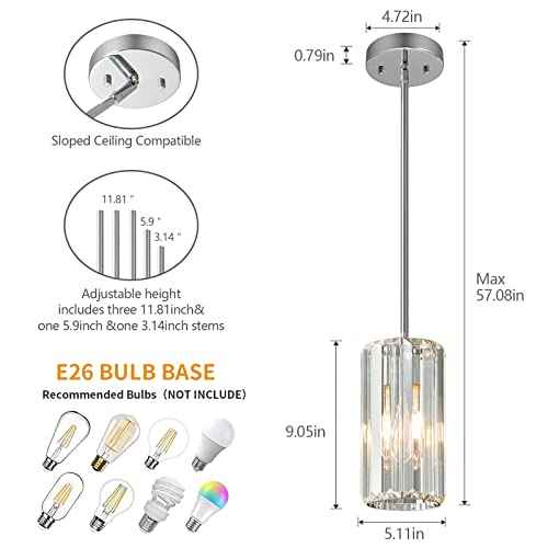 Chrome Pendant Lighting Modern Pendant Light Mini Crystal Chandeliers Adjustable Pendant Light Fixture for Kitchen Island Dinning Room Corridor Bedroom (Chrome / Round-3-Pack)