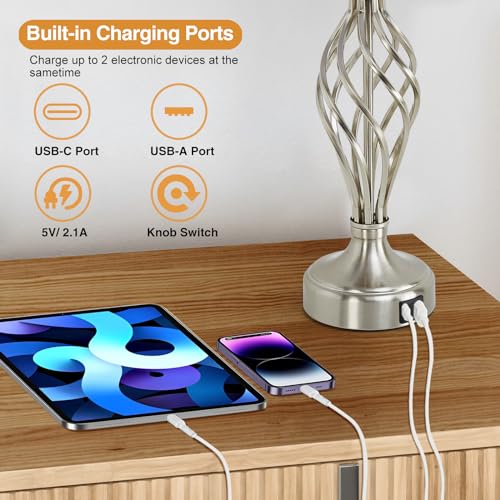Table Lamp for Bedroom Set of 2 with USB C+A Ports (Silver Base + White Lampshade)