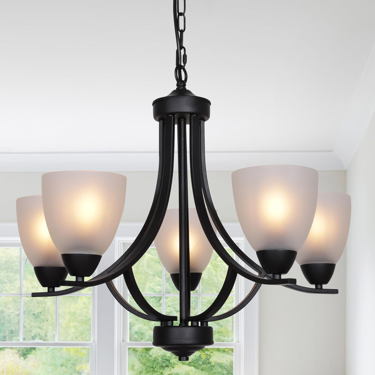 5 Light Shaded Contemporary Chandeliers with Alabaster Glass Black Rustic Light Fixtures Ceiling Hanging Mid Century Modern Pendant Lighting for Dining Room Foyer Bedroom Living Room (Black / 5 Light)
